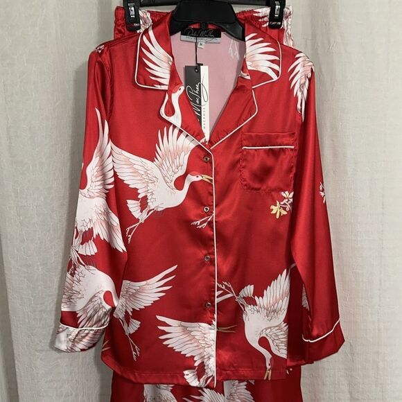 DALIA MACPHEE M & L Red White Satin Ibis Bird Print Long Sleeve Long Pant PJ Set - Picture 8 of 16